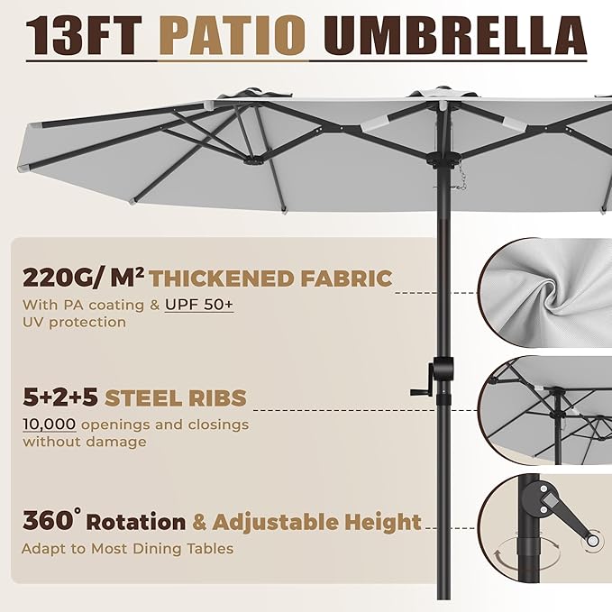 13FT Large Patio Umbrella, Outdoor Deck Standing Umbrella with Crank Handle, Double-Side Rectangular Pool Umbrella for Outside, Market, Patio, Light Gray (Base Not Include)