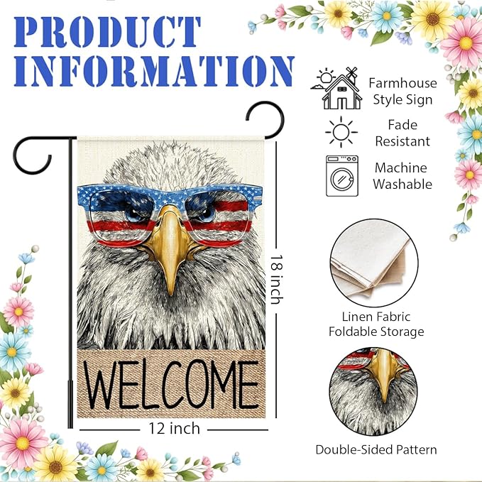 Independence Day Garden Flag for Outside,American Eagle Welcome Yard Flags for 4th of July Patriotic Memorial Day Lawn Porch Outdoor Decorations 12x18 Double Sided