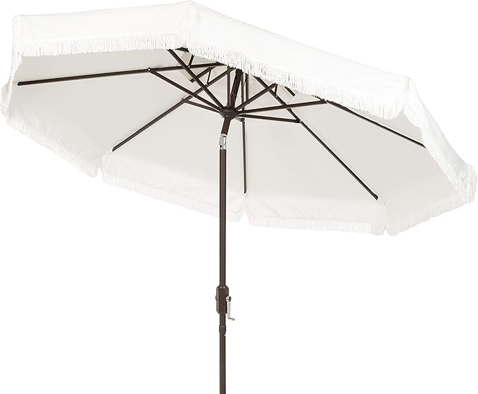 SAFAVIEH 9ft Outdoor Patio Umbrella, Round, Double Top, Milan Fringe, Ivory, Crank, Button Tilt, UV Resistant for Deck, Backyard, Poolside (PAT8208C)