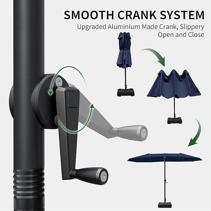 OLILAWN15ft Large Deck Umbrella with Base Included, Outdoor Patio Double-Sided Rectangle Market Umbrella with Aluminium Crank, 12 Sturdy Ribs, for Patio Deck Porch Garden, Dark Blue