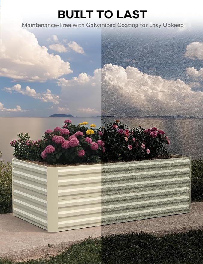 GAOMON 6x3x2 Ft Galvanized Metal Raised Garden Bed, 24-Inch Tall Outdoor Planter Box for Vegetables, Herbs, and Flowers, Rust-Resistant Heavy-Duty Garden Beds for Backyard Gardening, Beige