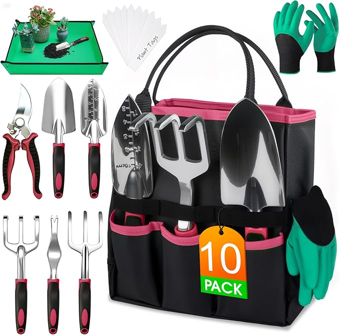 WOWBOX Garden Tools Set - 10 PCS, Heavy Duty Gardening Hand Tools Kit with Storage Tote, Rust-Resistant Gardening Supplies for Planting with Non-Slip Ergonomic Handle for Women and Men (Red)