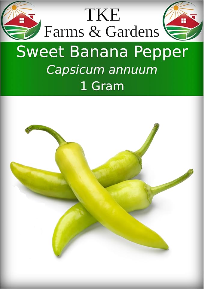 TKE Farms & Gardens - Sweet Banana Pepper Seeds for Planting, 1 Gram, 140+ Heirloom Seeds, Non-GMO, Instructions Included, Capsicum annuum, Qty 1