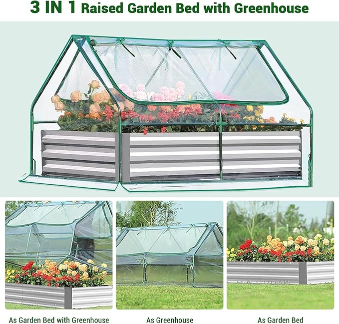 Raised Garden Bed with Cover Outdoor, Galvanized Metal Planter Box with PE Cover, 2 Large Screen Windows, 6x3x3 FT 3-in-1 Gardening Set with 1 Pair of Gloves for Vegetable Flower Herb Succulent Clear