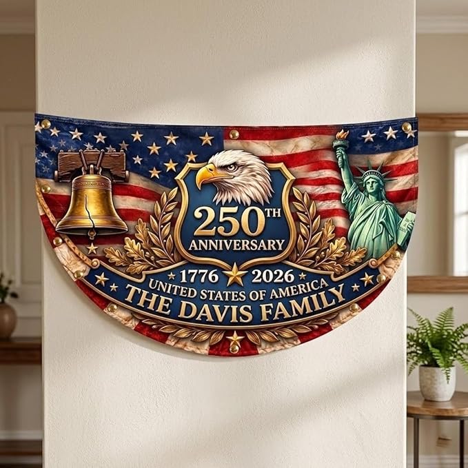 Custom America 250th Anniversary Bunting Flag, Personalized Name Semiquincentennial Flag, America 1776 2026 Banner, USA 250 Years Outdoor Decor, Patriotic Family Family Porch, Fence
