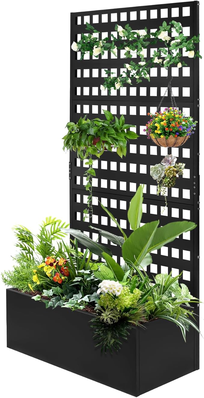Metal Planter Box with Trellis Raised Garden Bed with Drainage Holes， Privacy Planters for Patio as a Privacy Screen for Climbing Plants Outdoor (35x18x71Inch)