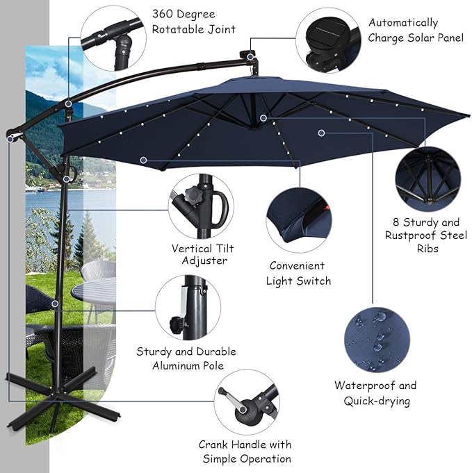 Tangkula 10 FT Solar Patio Umbrella, Offset Cantilever Outdoor Umbrella with 360 Degree Rotation, Aluminum Pole, Easy Tilt Adjustment, Crank Handle & Cross Base for Pool Deck Garden Backyard