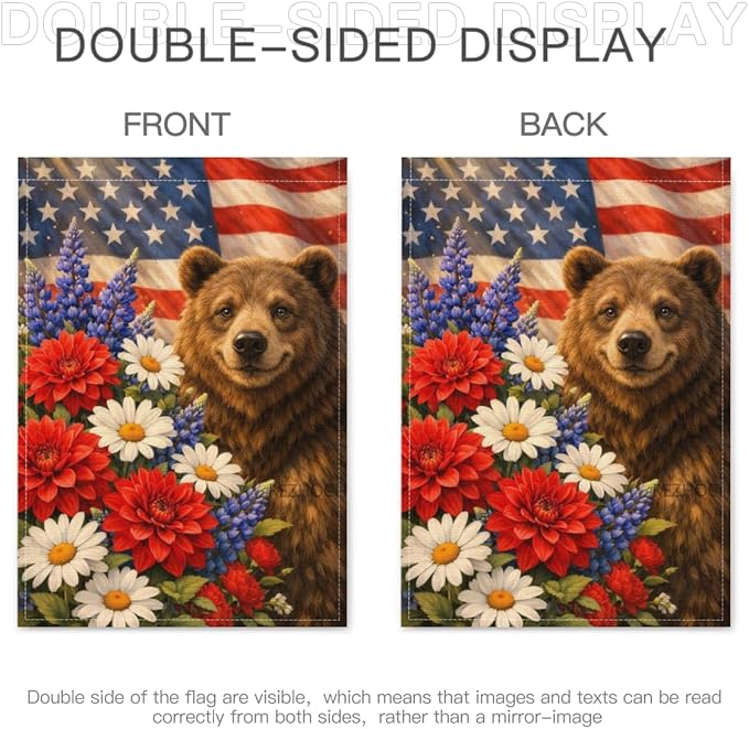 Patriotic Bear Garden Flag 28x40 Inch,USA Flag Floral Animal Outdoor Yard Red White Blue Decor,Double Sided Seasonal Lawn Porch Farm Independence Day Holiday Gift