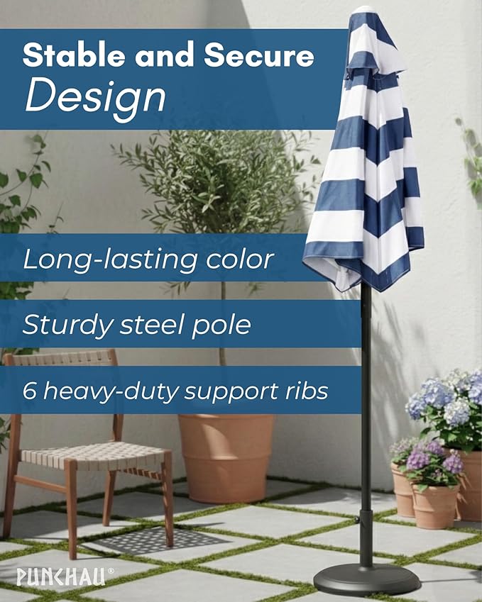 6 Ft Outdoor Patio Umbrella, Easy to Open/Close Crank and Push Button Tilt Adjustment - Navy Blue Striped Market Umbrellas