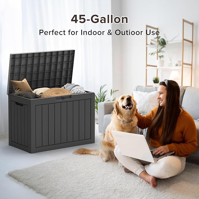 ROJIK Outdoor Storage Housing Deck Box - Waterproof Patio Furniture, Garden Tools, Cushions, Pool Accessories Storage Bench with Lockable Lid and Side Handles (Black, 45 Gal)