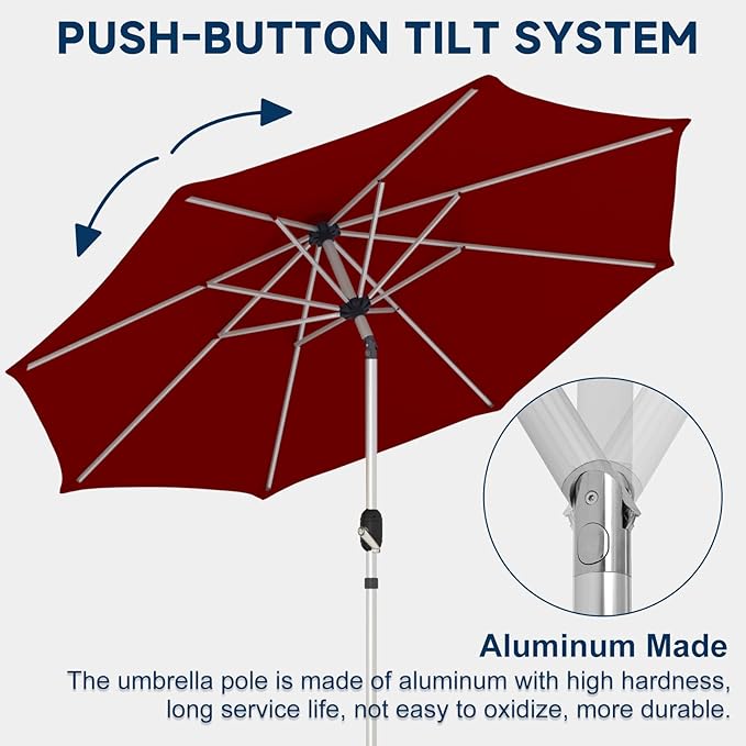 9FT 3-Tier Aluminum Outdoor Patio Umbrella, Fade-Resistant Market Umbrella with Push Button Tilt Function, 8 Sturdy All-Aluminum Ribs for Gardens, Patios, Backyards & Pools