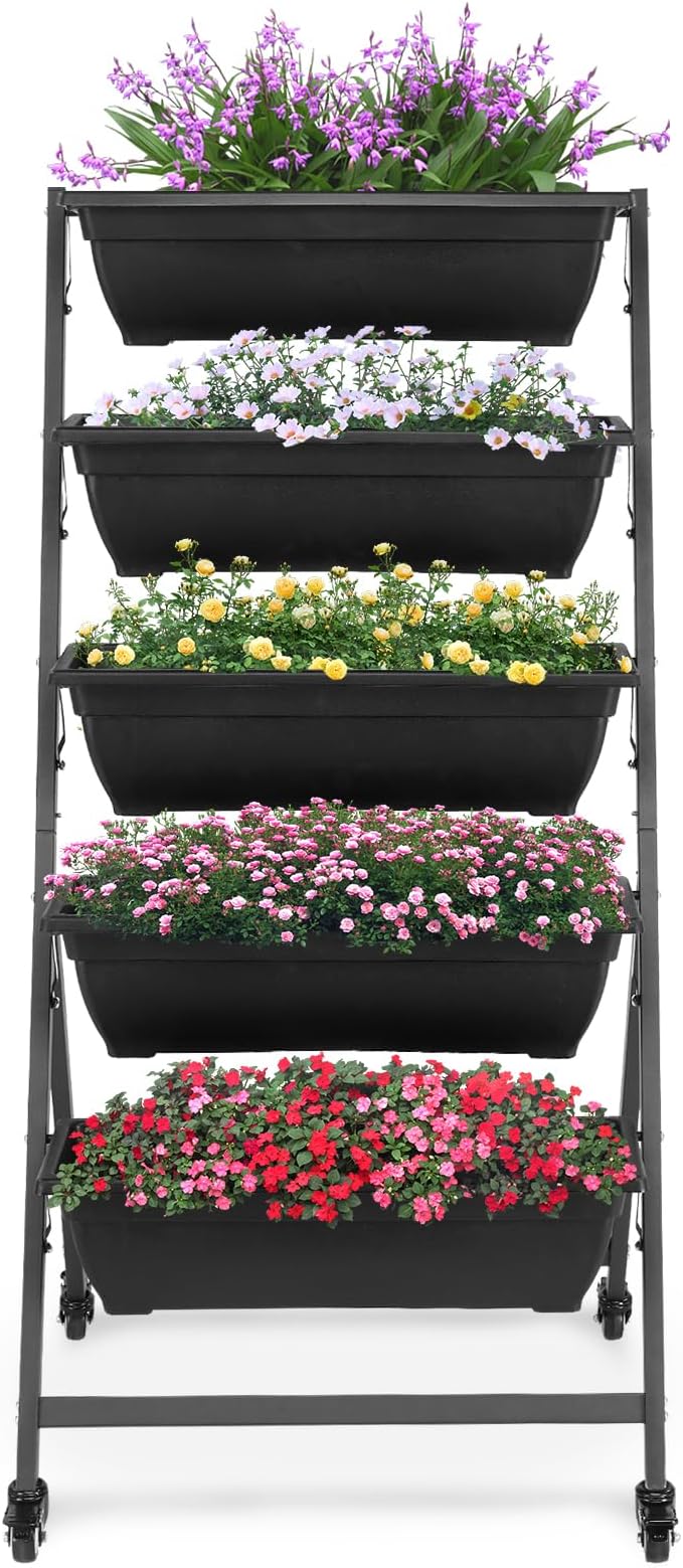 5 Tiers Vertical Elevated Raised Garden Beds,Metal Tiered Planter Stand,Indoor Outdoor Plant Display Rack,Vegetable Flower Raised Stands,with Wheels,for Patio Balcony Lawn Porch Backyard (Black)