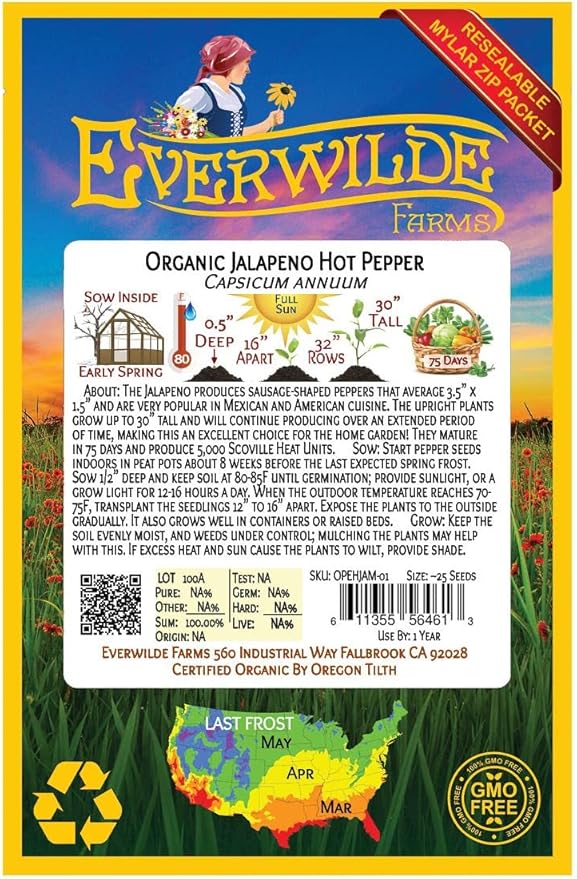 Everwilde Farms - 25 Organic Jalapeno Hot Pepper Seeds - Gold Vault Packet