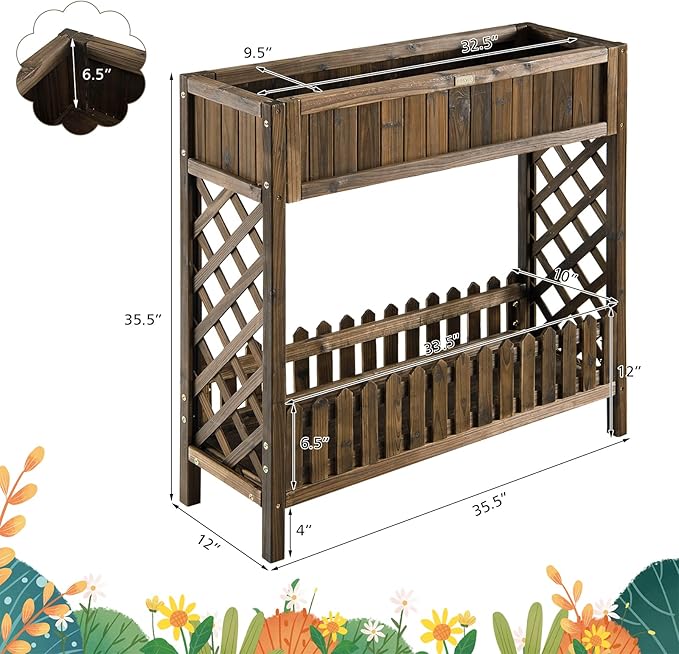 HAPPYGRILL Wooden Raised Garden Bed, 2-Tier Elevated Planter Box Stand with Legs, Storage Shelf, 35.5” Height, Carbonized Fir Wood Garden Bed for Vegetable Fruit Herb Flower