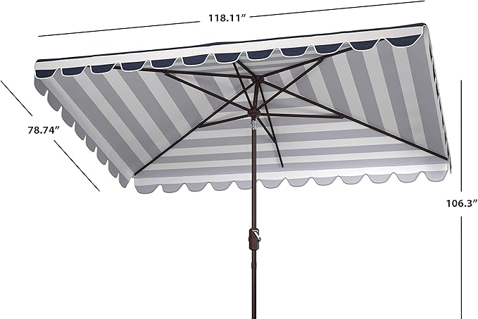 Safavieh PAT8311C Outdoor Vienna Navy and White 6'6" x 10' Rectangle Crank UV Protected Umbrella