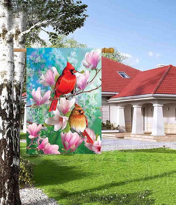 Spring Cardinal Flowers House Flag Double Sided 28 x 40 Inch Large Vertical Double Sided Burlap Seasonal Garden Yard Flag Outdoor Decoration