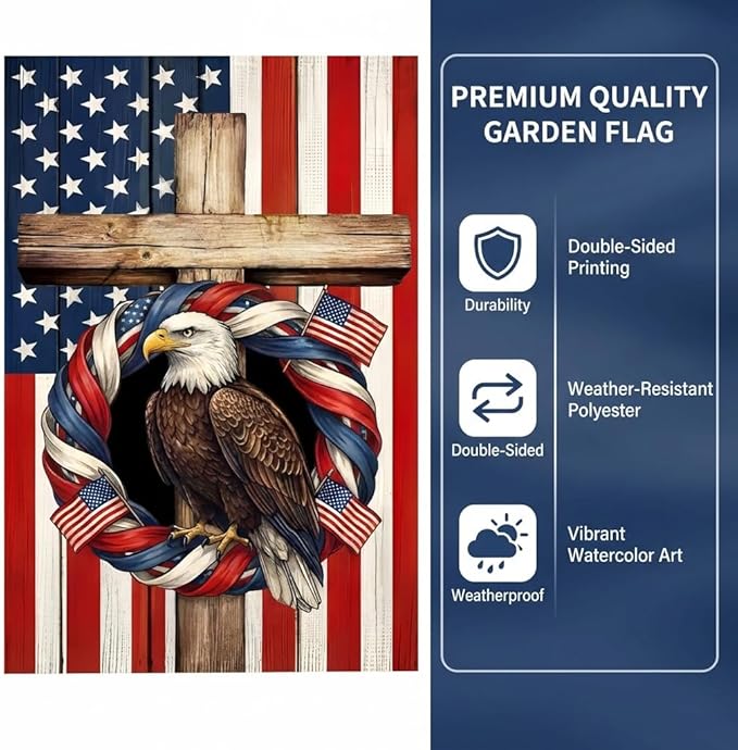 Patriotic Garden Flag, Double-Sided Polyester, Eagle with American Flag Wreath and Cross, 12x18 Inch, Independence Day Vertical Farmhouse Holiday for 4th of July and Memorial Day(D)