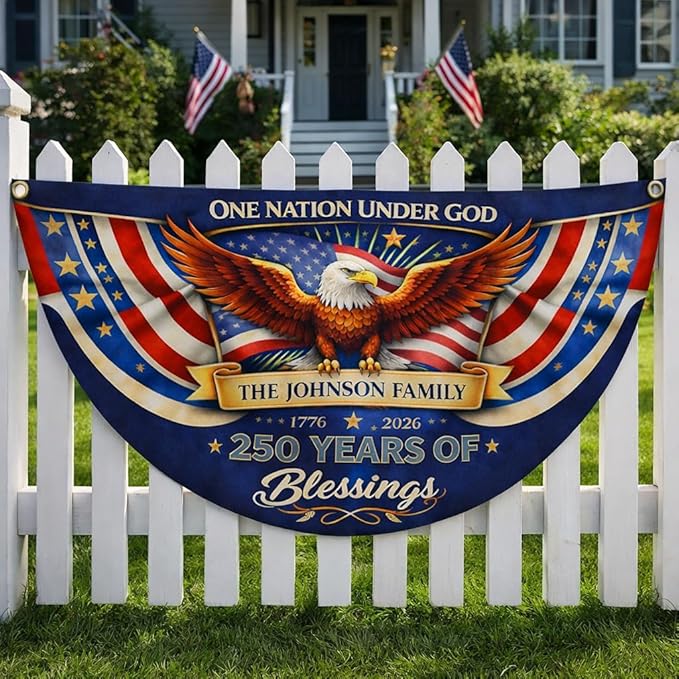 Personalized Patriotic Bunting Flag with Custom Family Name – 250 Years of Blessings USA Patriotic Bunting Banner 1776–2026 – 4th of July Americana Porch Decor, Outdoor American Flag Bunting