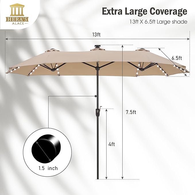 HERA'S PALACE 13ft Patio Umbrella with 120 LED Solar Lights Double Sided Outdoor Umbrella for Patio 8 Colors Changing Table Umbrella Outdoor Patio for Garden Pool