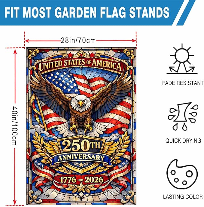 Stained Glass Patriotic Large Garden Flag 28x40 Inch, 250th Anniversary 1776-2026 American Eagle House Flag, Independence Day Outdoor Decor, Double Sided Burlap