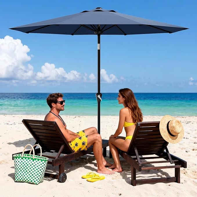 GarveeLife 10FT Umbrella Outdoor Patio, Table Umbrella with Push Button Tilt and Crank, 8 Sturdy Ribs Waterproof UV Protection for Garden, Pool, Deck, Backyard, Market (Navy)