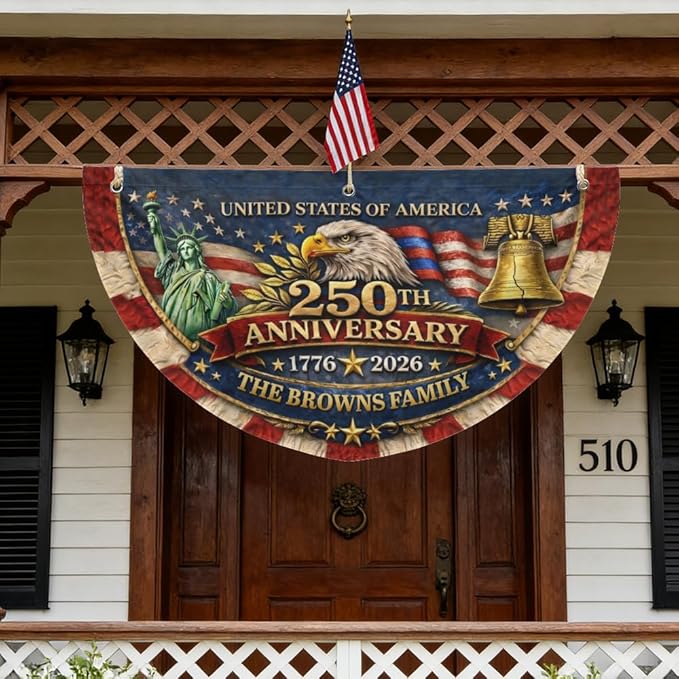 Personalized USA 250th Anniversary Bunting Flag 1776-2026, Custom Family Name Patriotic America Bunting, Non-Pleated Fan Flag for Porch, Wall, Fence, Outdoor 4th of July Decor