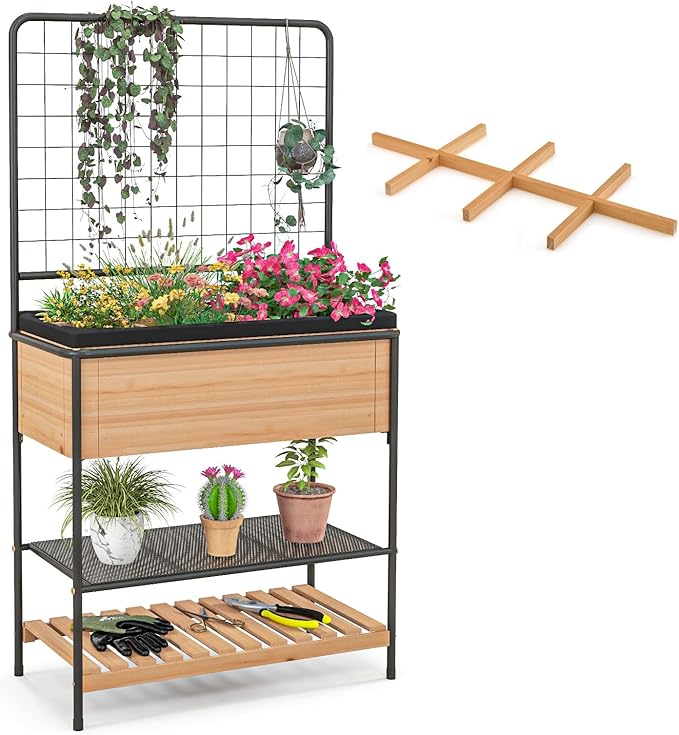 Giantex Raised Garden Bed with Trellis, Elevated Wood Metal Planter Box with 2-Tier Storage Shelves, Grid Divider, Drain Hole & Black Liner, Freestanding Garden Planter for Herb Vegetable Fruit Flower