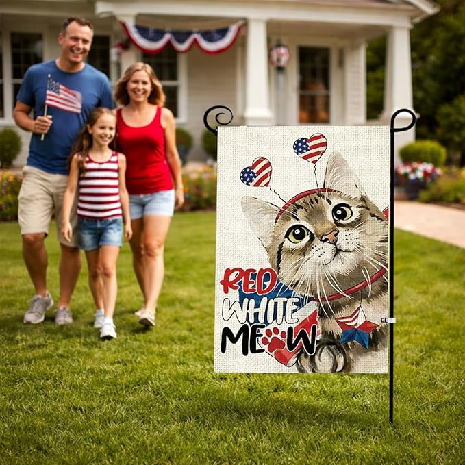 Patriotic 4th Of July American Cute Cat Garden Flag Decorations 12x18 Inch Double Sided Burlap Memorial Day Independence Day Yard American Garden Flags for Outside Decoration Yard Flag