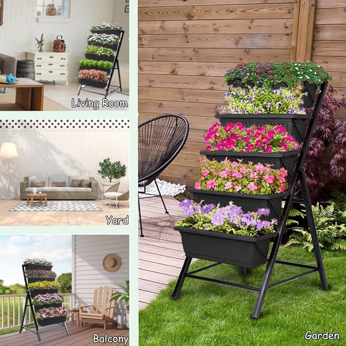 Homdox 2 Pack Elevated Garden Bed, 5-Tier Freestanding Vertical Raised Bed for Gardening, 5 Garden Planter Boxes & 5 Hooks, Perfect to Grow Vegetables Herbs Flowers Outdoor Indoor, Black with Wheels