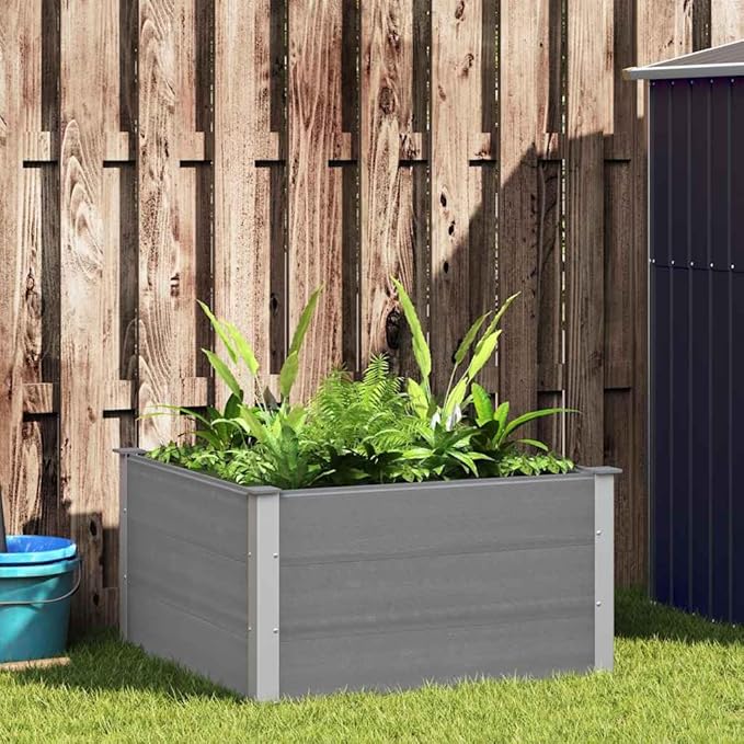 Grey Wood-Plastic Composite Aluminum Garden Raised Bed, 39.4 x 39.4 Inch Outdoor Planter Box for Flowers and Vegetables, Durable Elevated Planter with Modern Design for Patio