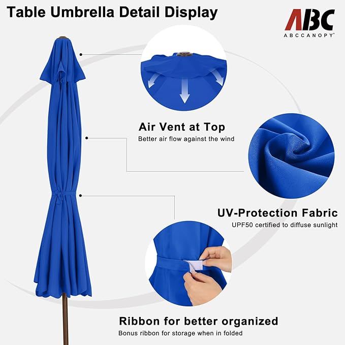ABCCANOPY 9ft Scalloped Patio Umbrella, Outdoor Table Umbrella with Tilt and Crank, Fiberglass Ribs Deck Umbrella for Patio, Pool, Garden, Picnic (Blue)