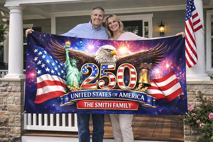 Personalized 250 Years of Freedom USA Banner 1776-2026, Patriotic American Eagle Flag for Independence Day, Customizable Family Name Outdoor Banner, USA Anniversary Decoration for Gardens & Porches A10