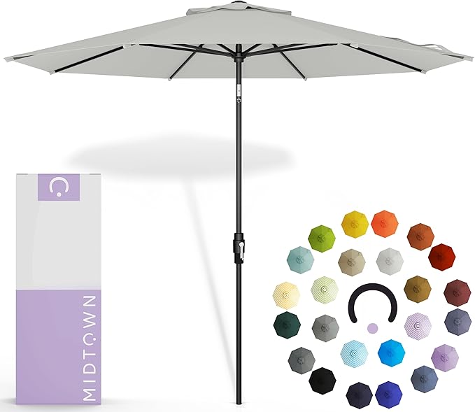 The Swilt 9 Feet Outdoor Umbrella With Terylast Off Cream (Off White) Polyester Fabric - Fiberglass Ribs, Auto-Tilt And Swivel Aluminum Frame Patio Umbrella For Deck, Garden, Pool - Black Pole