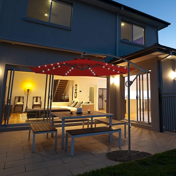 Tangkula 10 FT Solar Patio Umbrella, Offset Cantilever Outdoor Umbrella with 360 Degree Rotation, Aluminum Pole, Easy Tilt Adjustment, Crank Handle & Cross Base for Pool Deck Garden Backyard