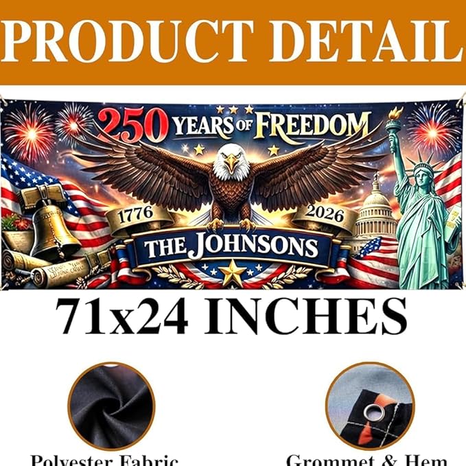Personalized 250 Years of Freedom USA Banner 1776-2026, Patriotic American Eagle Flag for Independence Day, Customizable Family Name Outdoor Banner, USA Anniversary Decoration for Gardens & Porches A9