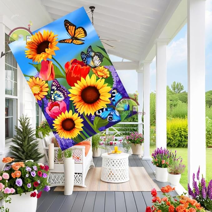 large Garden Flag 28x40 Double Sided sunflower spring flag, monarch Butterfly Floral Flower Welcome Garden Yard House Flags Outside House Spring Summer Décor