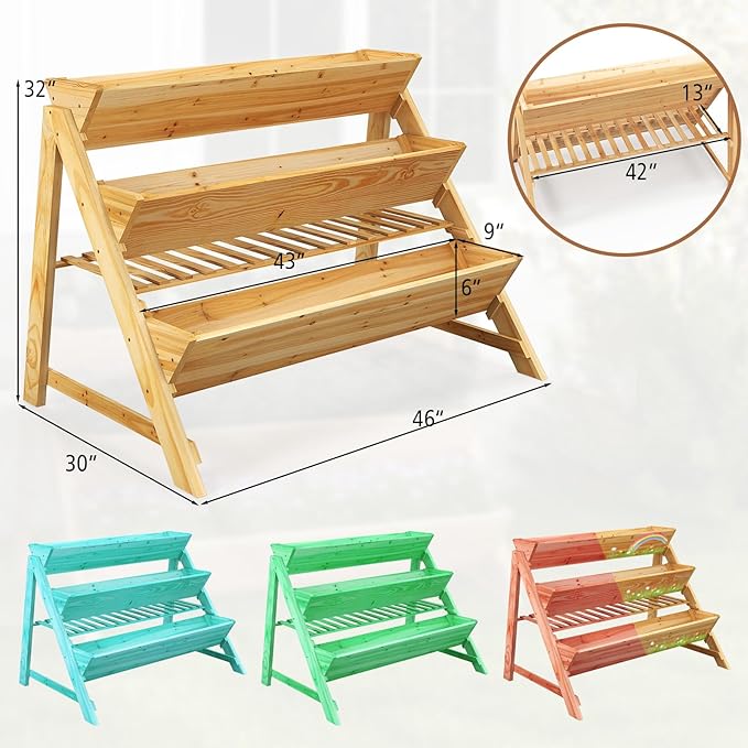 S AFSTAR 3-Tier Vertical Garden Bed, Wooden Elevated Planter Bed with Legs, Storage Shelf, 2 Hooks, Raised Bed Kit for Flower Vegetable Herb, Outdoor Plant Box Stand for Yard Garden & Balcony