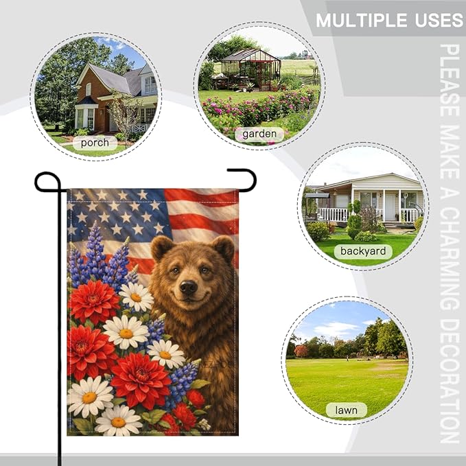 Patriotic Bear Garden Flag 28x40 Inch,USA Flag Floral Animal Outdoor Yard Red White Blue Decor,Double Sided Seasonal Lawn Porch Farm Independence Day Holiday Gift
