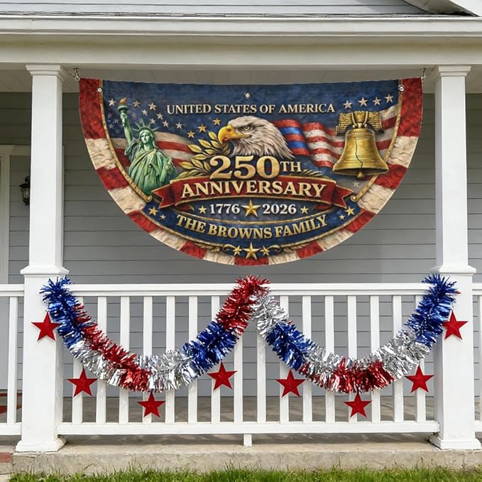 Personalized USA 250th Anniversary Bunting Flag 1776-2026, Custom Family Name Patriotic America Bunting, Non-Pleated Fan Flag for Porch, Wall, Fence, Outdoor 4th of July Decor