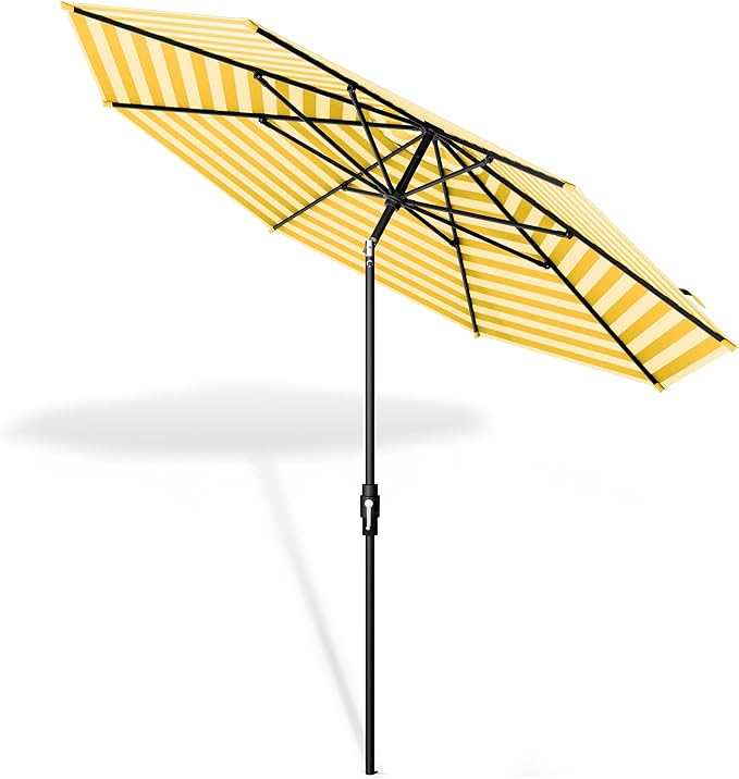 The Swilt 8 Feet Outdoor Umbrella With Terylast Sunny Stripes (White/Yellow) Polyester Fabric - Fiberglass Ribs, Auto-Tilt And Swivel Aluminum Frame Patio Umbrella For Deck, Garden, Pool - Black Pole