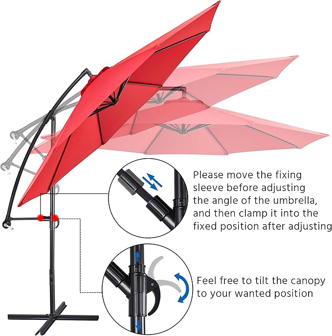 Yaheetech 10FT Patio Offset Umbrella - Cantilever Hanging Outdoor Umbrellas w/UV Protection & 8 Ribs & Handy Crank & Cross Base for Market/Garden/Lawn/Deck/Backyard/Pool - Red