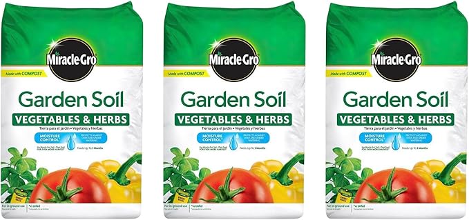 Miracle-Gro 3 Pack Garden Soil with Moisture Control to Prevent Over Watering, In-Ground Vegetable and Herb Gardening, Feeds up to 3 Months, 1.5 Cu Ft