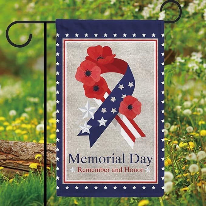 Memorial Day House Flag Ribbon Poppy Stars and Stripes American Patriotic 28 x 40 Inch Vertical Double Sized 4th of July Independence Day Yard Outdoor Decoration