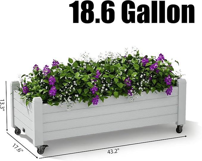 Raised Garden Bed with Wheels Outdoor, Resin Planter Box with Drain Hole and Water Level Detector for Backyard, Patio, Balcony, White(13.3" H)
