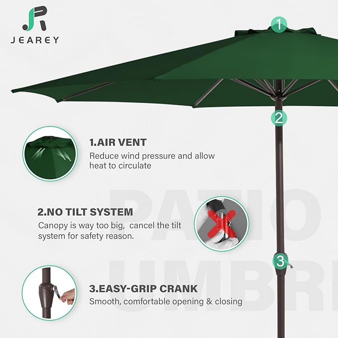 JEAREY 12' Patio Umbrellas Outdoor Table Market Umbrella w/Crank, 8 Sturdy Ribs, UV Protection Windproof for Garden, Deck, Backyard, Pool(Dark Green)