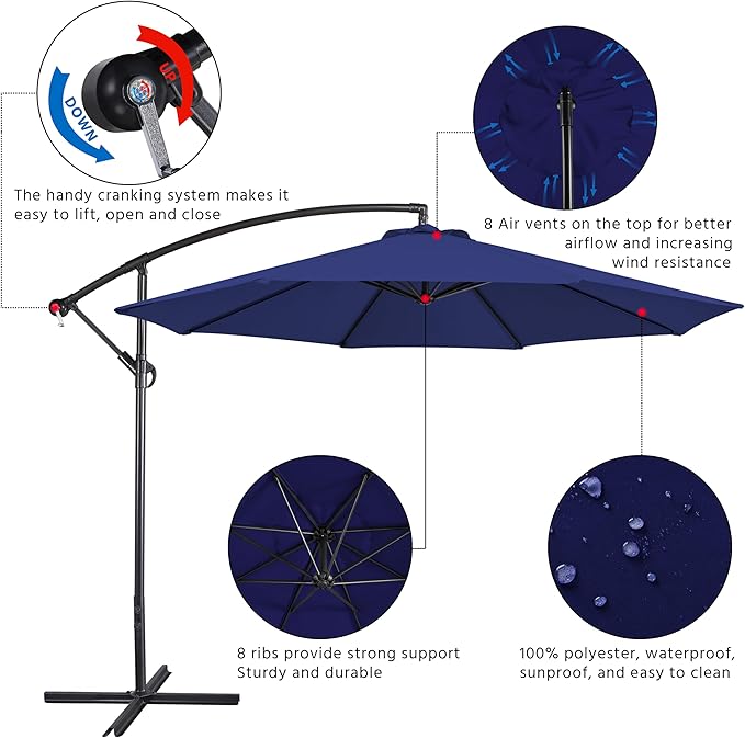 Yaheetech 10FT Patio Offset Umbrella - Cantilever Hanging Outdoor Umbrellas w/UV Protection & 8 Ribs & Handy Crank & Cross Base for Market/Garden/Lawn/Deck/Backyard/Pool - Blue