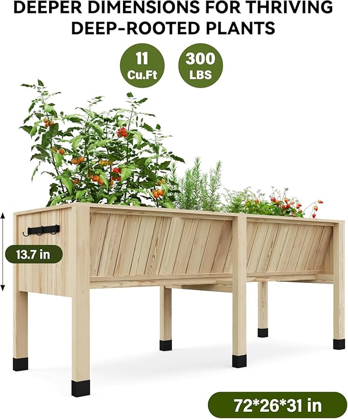 72x26x30 Inch Raised Garden Bed With Leg, Elevated Wood Planter Box Stand for Vegetables, Herbs & Flowers, 6x2x2.5 Ft Outdoor Standing Planter w/Hooks,13.7In Depth Plante for Backyard, Patio, Balcony