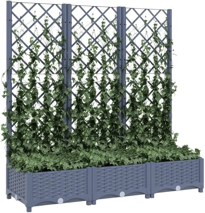 Garden Planter with Trellis Blue Gray 47.2" x 15.7" x 47.8" PP Raised Garden Bed Outdoor Plant Stand Elevated Planter Box for Climbing Plants Vegetables and Flowers