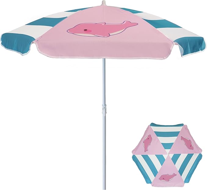 AMMSUN 5ft Seaside Umbrella for Sand Box Water Table - Kids Durable Umbrellas for children Picnic Beach Camping Garden Outdoor Play Shade Pink Dolphin