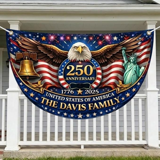 Personalized 250th Anniversary Bunting Flag, Custom Family Name Patriotic Semiquincentennial Porch Decor, 250 Years of Independence Day Gift, Patriotic Family Fence, Garden Decor